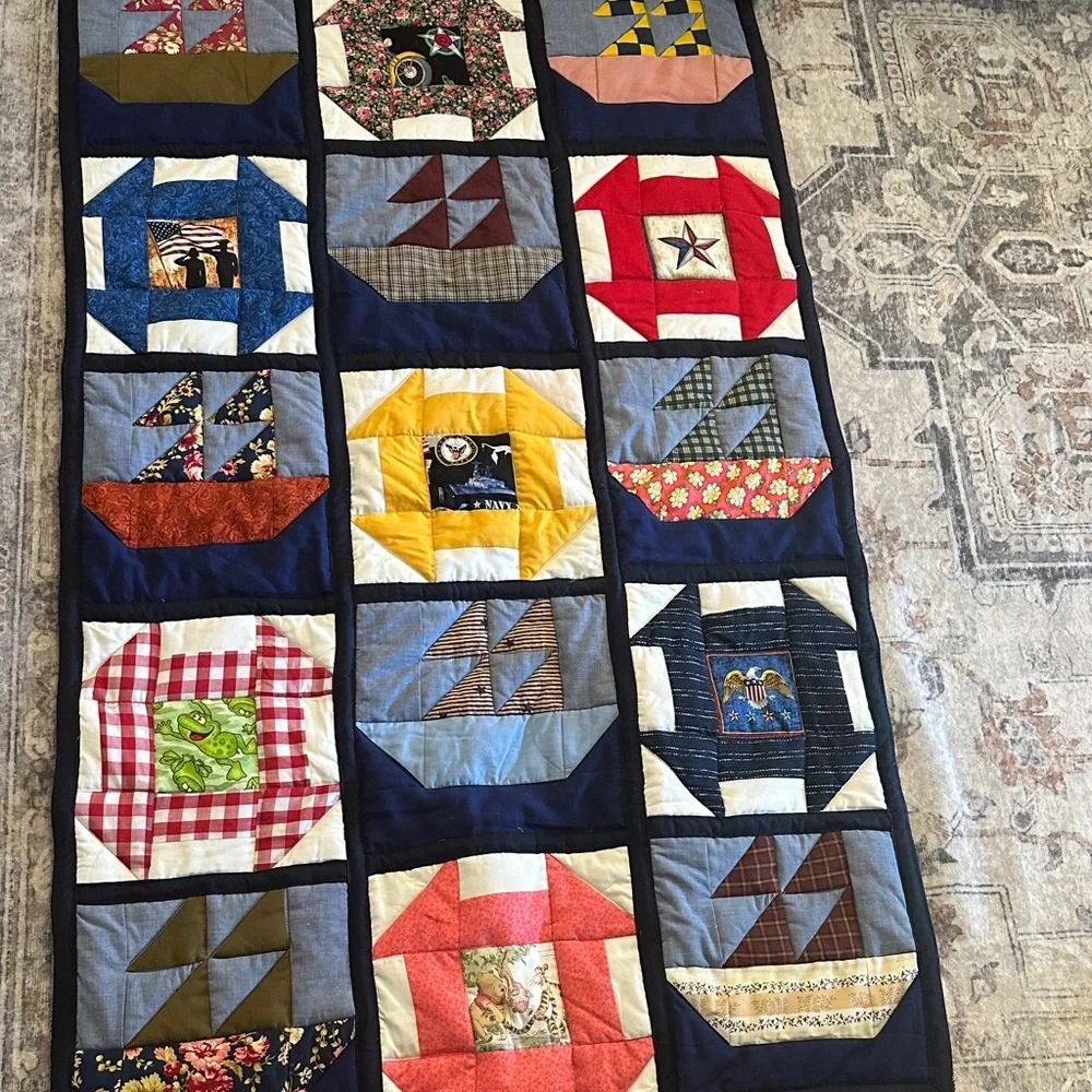Vintage Handmade Naval Themed Commemorative Patchwork Quilt Size 34” x 55”